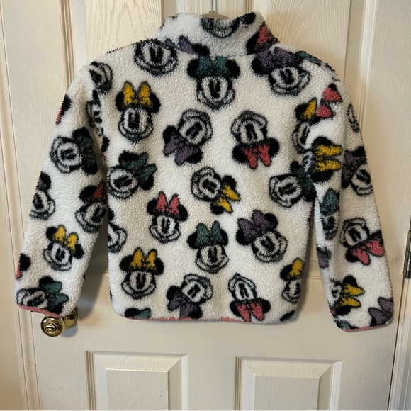 Disney Minnie Mouse Sherpa Zip Up Sweater Jacket Coat White Pink Trim Kid Size 8 - Picture 4 of 6
